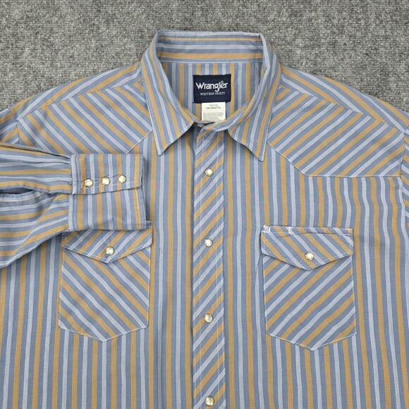 Wrangler Other - Wrangler Western Shirt Mens 2XL XXG Pearl Snap Blue Yellow Stripe Cowboy Rodeo